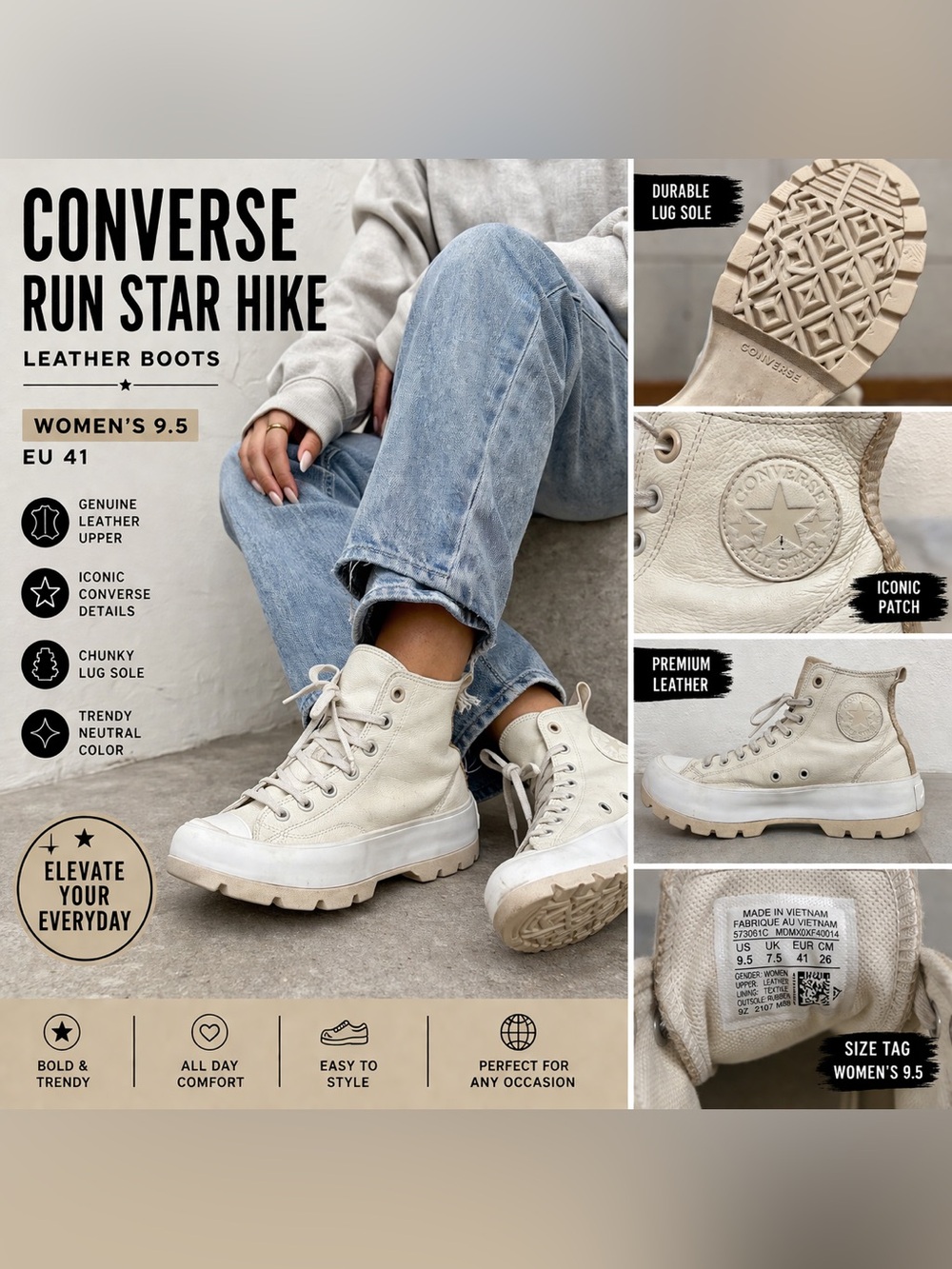 Converse Run Star Hike High Top Leather Boots Cream White Platform Lug Sole